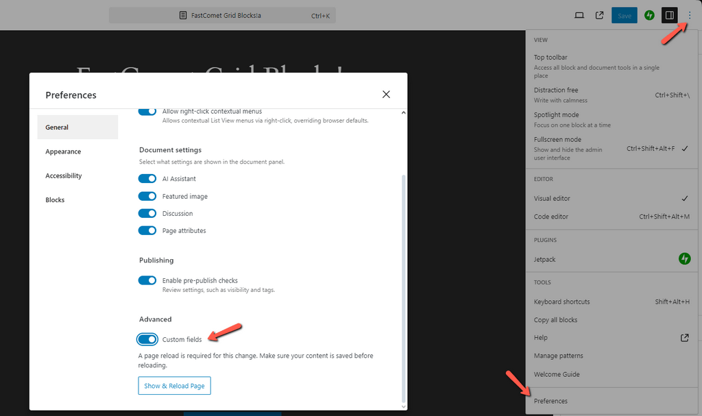 WordPress 6.6 Enable Custom Fields FastComet