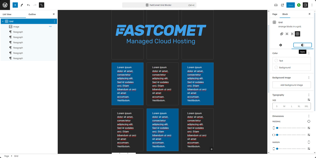 WordPress 6.6 Grid Block Backend FastComet