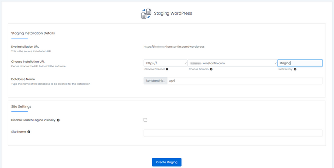 Creating a staging in softaculous