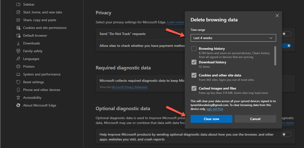 Clear Cached Data Files and Cookies in Microsoft Edge