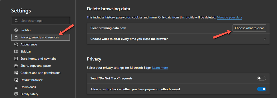 Access the Privacy and Security Settings in Microsoft Edge