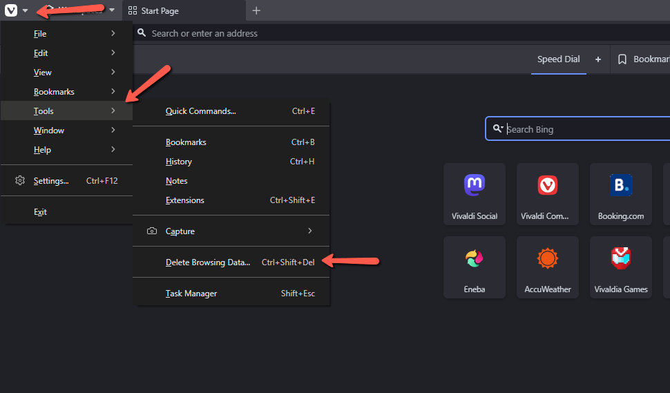 Delete Browser Data via the Tools Menu in Vivaldi